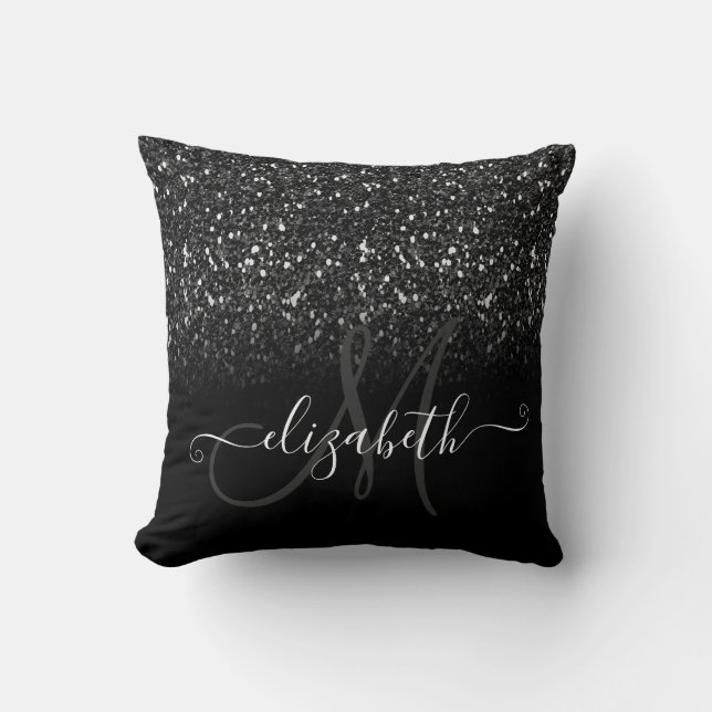 Modern Elegant Svart Glitter Monogram Kudde (Framsida)