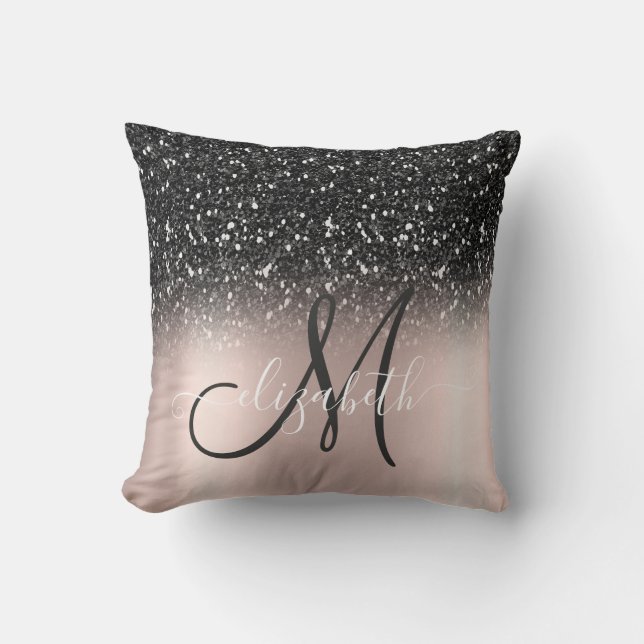 Modern Elegant Svart Glitter Rosguld Monogram Kudde (Framsida)