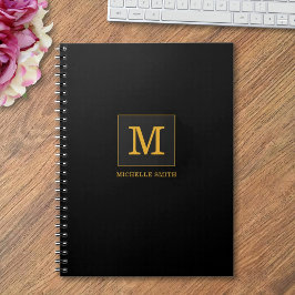 Modern Elegant Svart Guld Monogramnamn Anteckningsbok