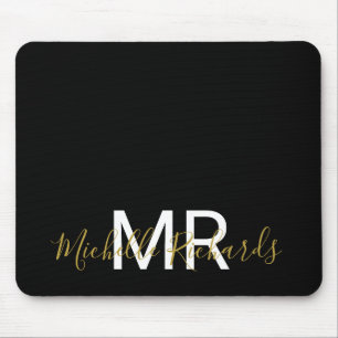 Modern elegant svart guld monogramskript musmatta