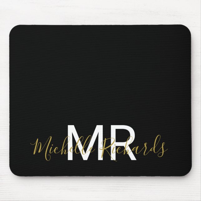 Modern elegant svart guld monogramskript musmatta (Framsidan)