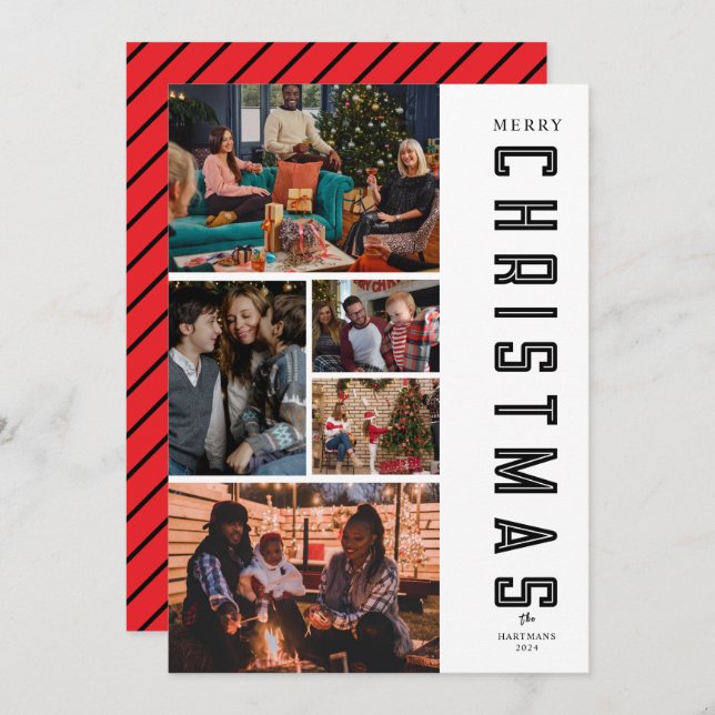 Modern Elegant Svart Julkort med Fem Fotos (Fram/baksida)