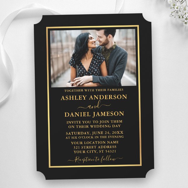 Modern Elegant Svart och Guld Biljett Stil Bröllop Inbjudningar (Customize to add more text to back of card.)