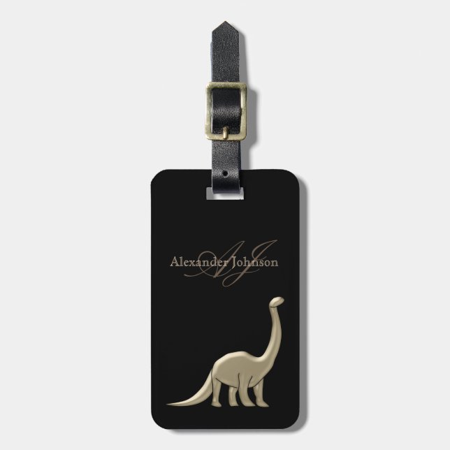 Modern Elegant Svart och Guld Dinosaurie Monogram Bagagebricka (Vertikal Framsida)