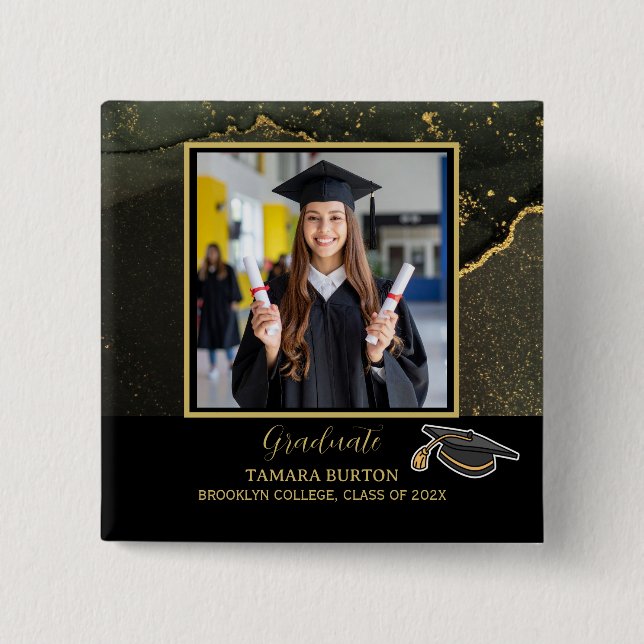 Modern Elegant Svart och Guld Examensfoto Knapp (Framsida)