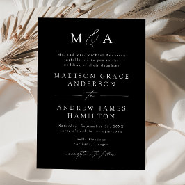 Modern Elegant Svart och Vitt Monogram Bröllop Inbjudningar