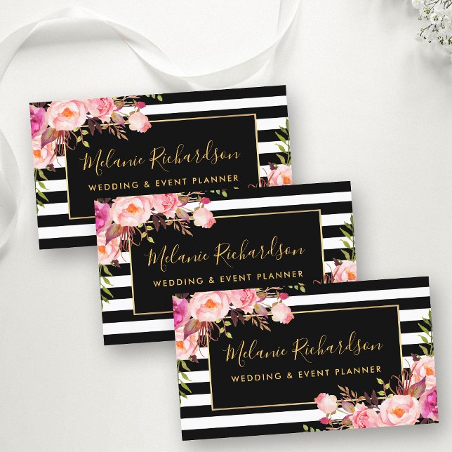 Modern Elegant Svart Randig Rosa Blommig Guld Visitkort (Customize to change text size, color or text style.)