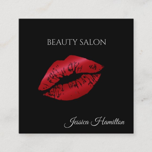 Modern elegant svart röd läppar fyrkantigt visitkort (Framsida)