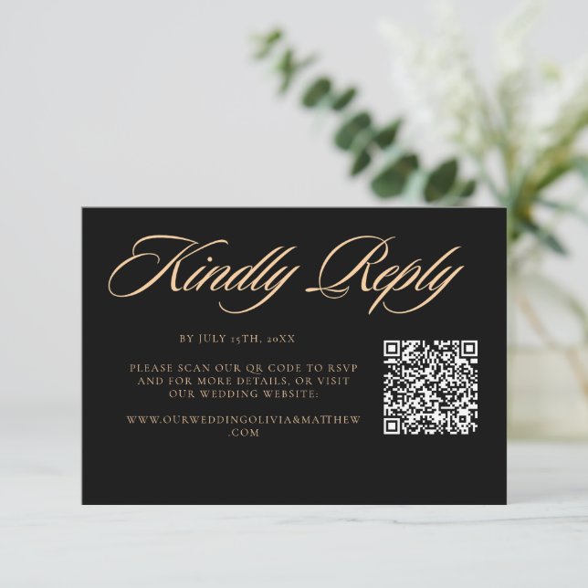 Modern Elegant Svart Script Bröllops QR-kod OSA Kort (Stående Fram)
