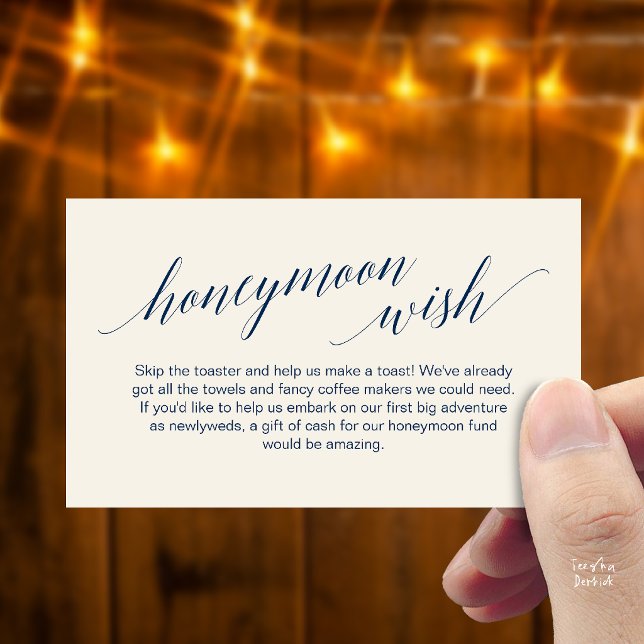 Modern Elegant Svart Skrift Bröllopspresent Önskes Tilläggskort (Modern Elegant Black Script Honeymoon Fund Wish Enclosure Card in Navy Blue Ivory)
