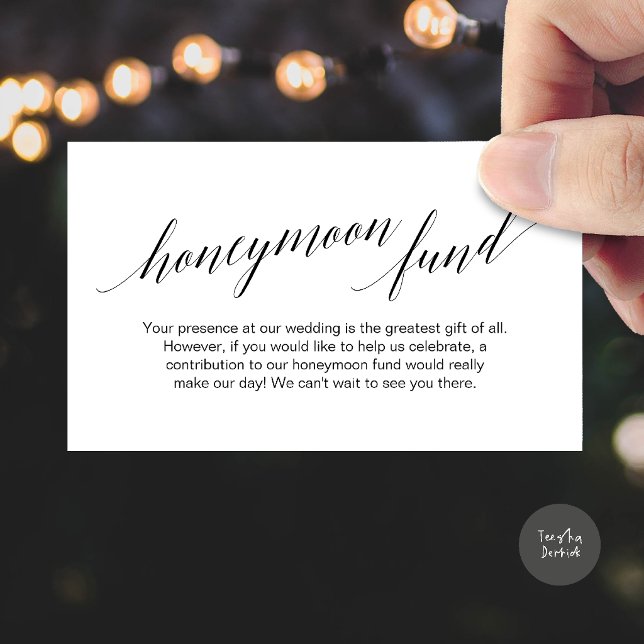 Modern Elegant Svart Skrift Bröllopspresent Önskni Tilläggskort (Modern Elegant Black Script Honeymoon Fund Wish Enclosure Card in Black and White)
