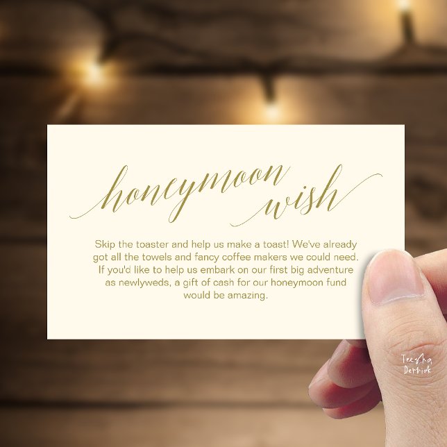 Modern Elegant Svart Skrift Bröllopspresent Önskni Tilläggskort (Modern Elegant Black Script Honeymoon Fund Wish Enclosure Card in Yellow Cream Gold)