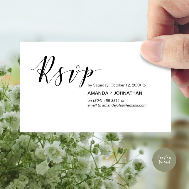 Modern Elegant, svart skript, Party OSA Tilläggskort (Modern Wedding RSVP Invitation Card, Online reply, Email or phone, in black and white)