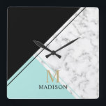 Modern elegant svart turkos marble monogram fyrkantig klocka<br><div class="desc">Modern elegant svart turkos marble namn monogram</div>