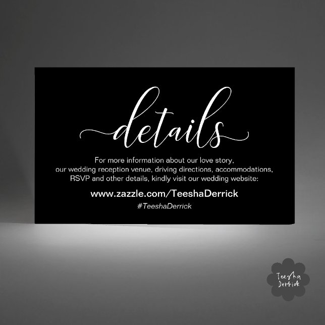 Modern Elegant Svart Vit Bröllopswebbplats  Tilläggskort (Modern Elegant Gold Cream Script Wedding Website Enclosure Card in Classy Black and White)