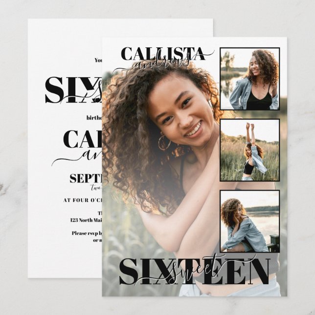Modern Elegant, svart, vit, fyra foto-söt 16 Inbjudningar (Fram/baksida)