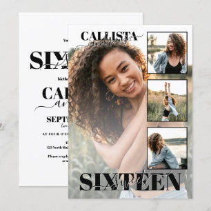 Modern Elegant, svart, vit, fyra foto-söt 16 Inbjudningar