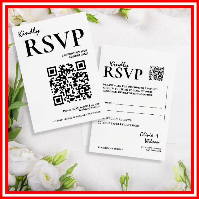 Modern Elegant Svart & Vit QR-kod Bröllops-RSVP OSA Kort (Skapare uppladdad)