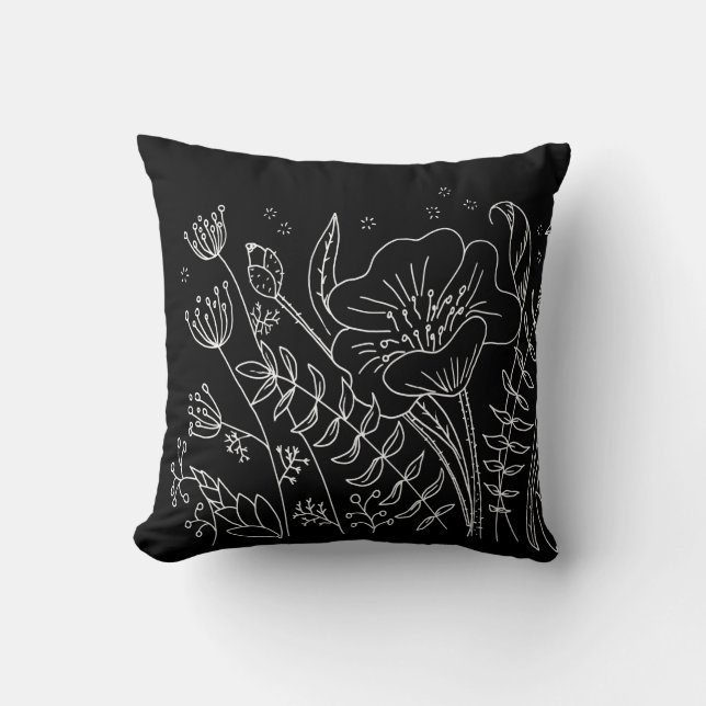 Modern Elegant Svart Vita Blommor Kudde (Framsida)