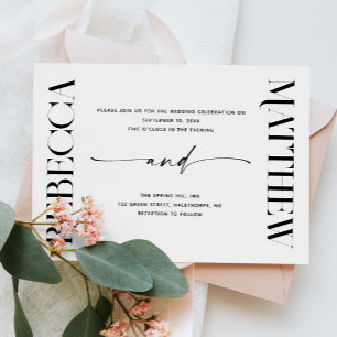 Modern Elegant Svart & Vitt Bröllop Foto + QR Inbjudningar