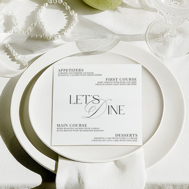 Modern Elegant Svart & Vitt Bröllopsmiddag Meny (Modern Elegant Black & White Wedding Dinner Menu)