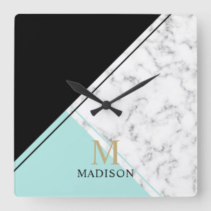 Modern elegant svartsköldpaddsmarble monogram fyrkantig klocka