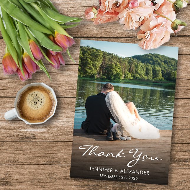 Modern elegant Tack för Bröllop-fotokortet (Modern rustic elegant thank you wedding photo card. You can add your own photo, names and date.)