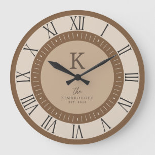 Modern Elegant Tan Mousse Brun Monogram Familj Stor Klocka