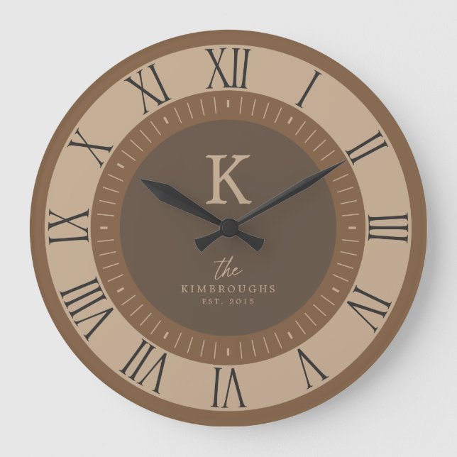 Modern Elegant Tan Mousse Brun Monogram Familj Stor Klocka (Framsida)