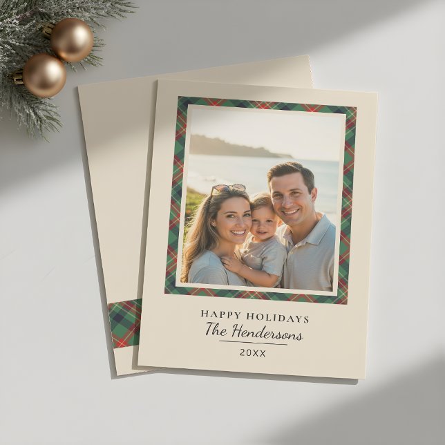 Modern Elegant Tartan Photo Frame Family Christmas Julkort (Skapare uppladdad)