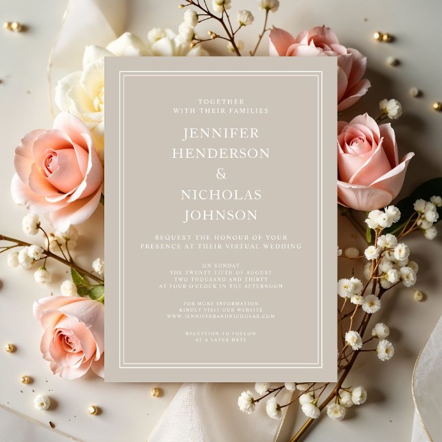 Modern Elegant Taupe Virtuella Bröllop Inbjudningar (Modern Elegant Taupe Virtual Wedding Invitation)
