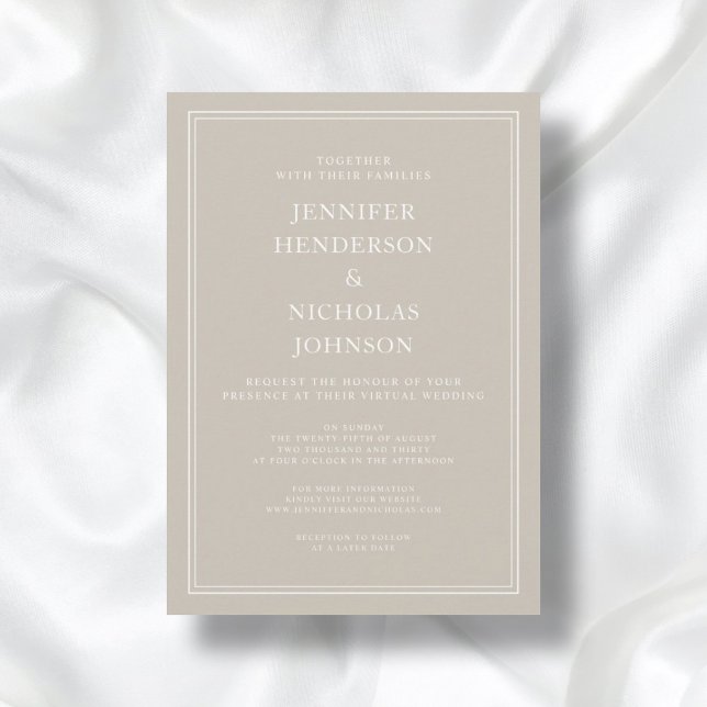 Modern Elegant Taupe Virtuella Bröllop Inbjudningar (Front / Modern Elegant Formal Taupe Beige Virtual Wedding Invitation)