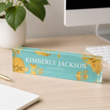 Modern Elegant Teal Aqua Guld Skrivbords Namnskylt
