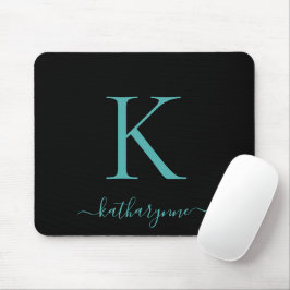 Modern Elegant Teal Aqua Monogram-skript svart Musmatta