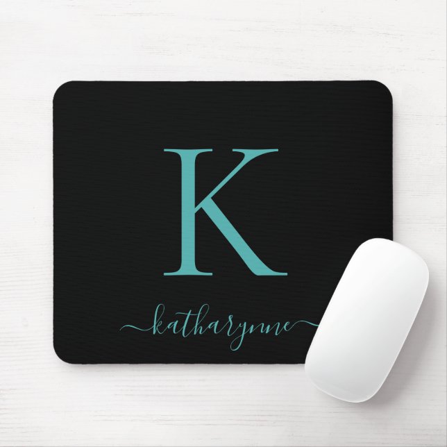 Modern Elegant Teal Aqua Monogram-skript svart Musmatta (Med mus)