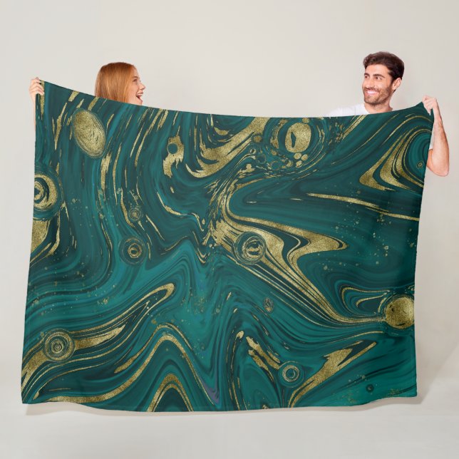 Modern Elegant Teal Grönt & Guld Marble Swirl Fleecefilt (På plats)