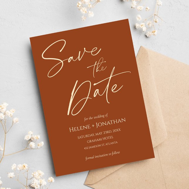 Modern Elegant Terracotta Bröllop spara datum Inbjudningar (Modern Elegant Terracotta Wedding Save The Date Invitation)