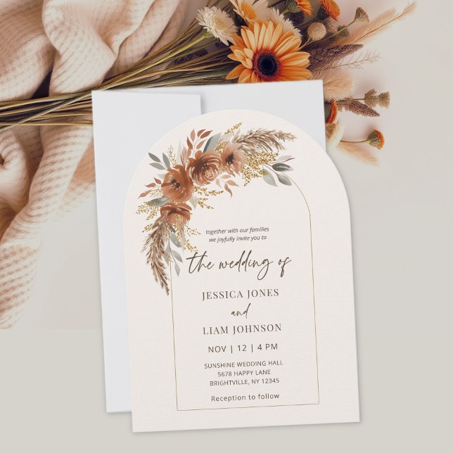 Modern Elegant Terracotta Fall Blommigt Bröllop Inbjudningar (Boho Burnt Orange Fall Floral Wedding Invitation)