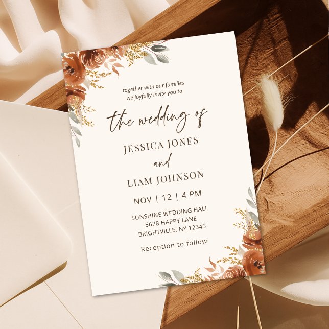 Modern Elegant Terracotta Fall Blommigt Bröllop Inbjudningar (Modern Elegant Terracotta Fall Floral Wedding Invitation)