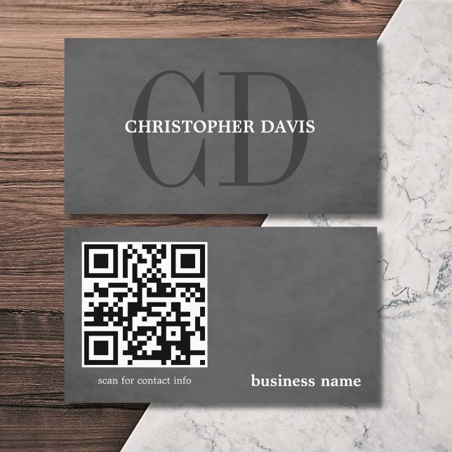 Modern Elegant Textur Grå Monogram QR-kod Visitkort (Skapare uppladdad)