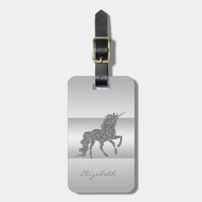 Modern Elegant Tjejlik, Silver Glitter Enhörning Bagagebricka (Vertikal Framsida)