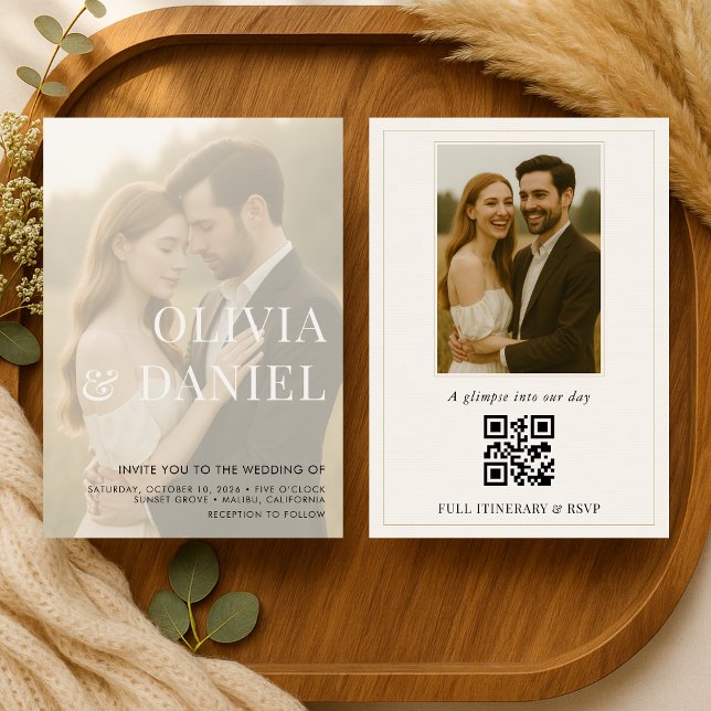 Modern Elegant Transparent Foto QR-kod Bröllop Inbjudningar (Skapare uppladdad)