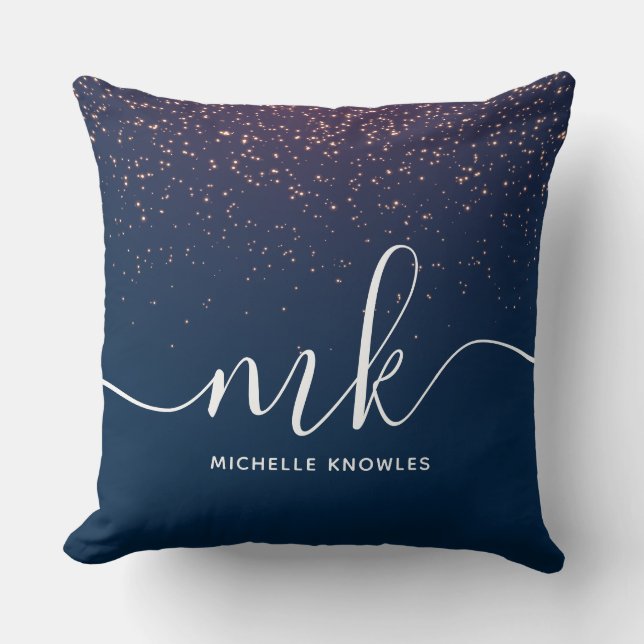 Modern Elegant Trendig Navy Glitter Monogram Kudde (Framsida)
