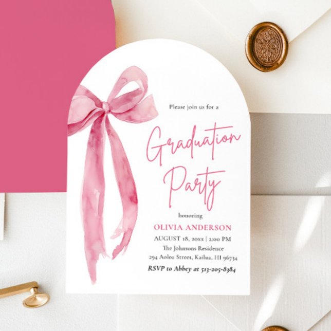 Modern Elegant Trendig Rosa Bow Studenten Arched Inbjudningar (Modern Elegant Trendy Pink Bow Graduation Arched Invitation)