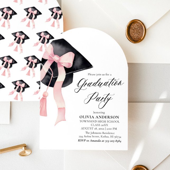 Modern Elegant Trendig Rosa Bow Studenten Arched Inbjudningar (Skapare uppladdad)