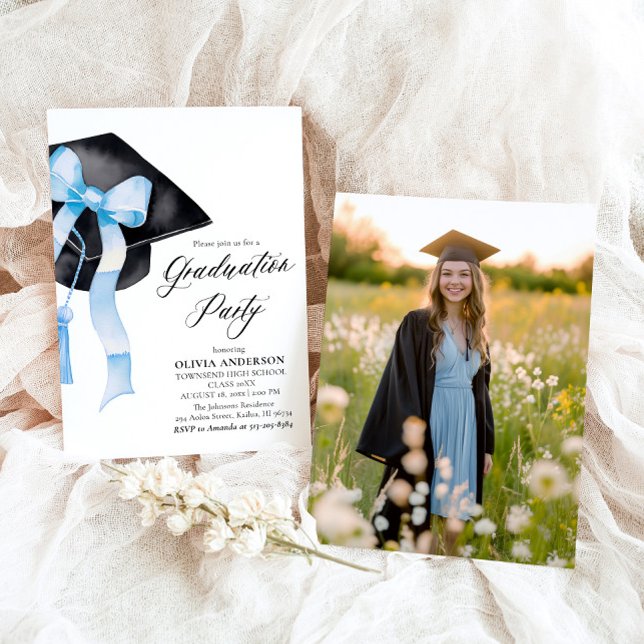 Modern Elegant Trendig Snyggt Blue Bow Studenten Inbjudningar (Watercolor Modern Elegant Trendy Stylish Blue Bow Graduation Invitation)