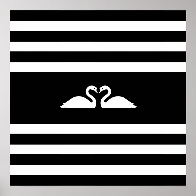 Modern elegant två svanar på svartvitt strimlad poster (Framsidan)