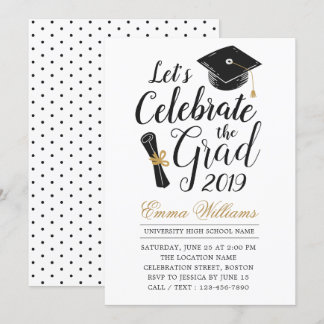 Modern Elegant Typography Black White Studenten Inbjudningar