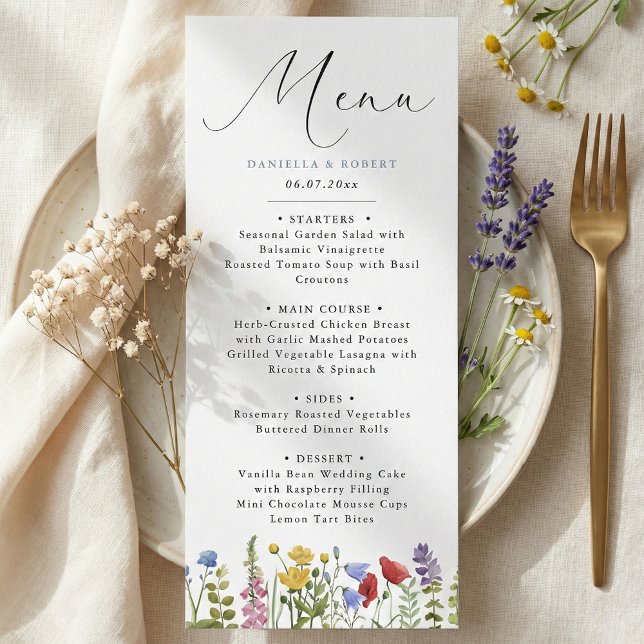 Modern Elegant Vår Sommar Vildblomma Bröllop Meny (personalized modern minimalist elegant script calligraphy wildflower wedding menu card)