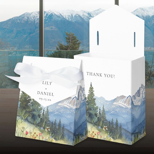 Modern Elegant Vattenfärg Berg Bröllop Presentaskar (Modern Elegant Watercolor Mountain Wedding Favor Boxes)